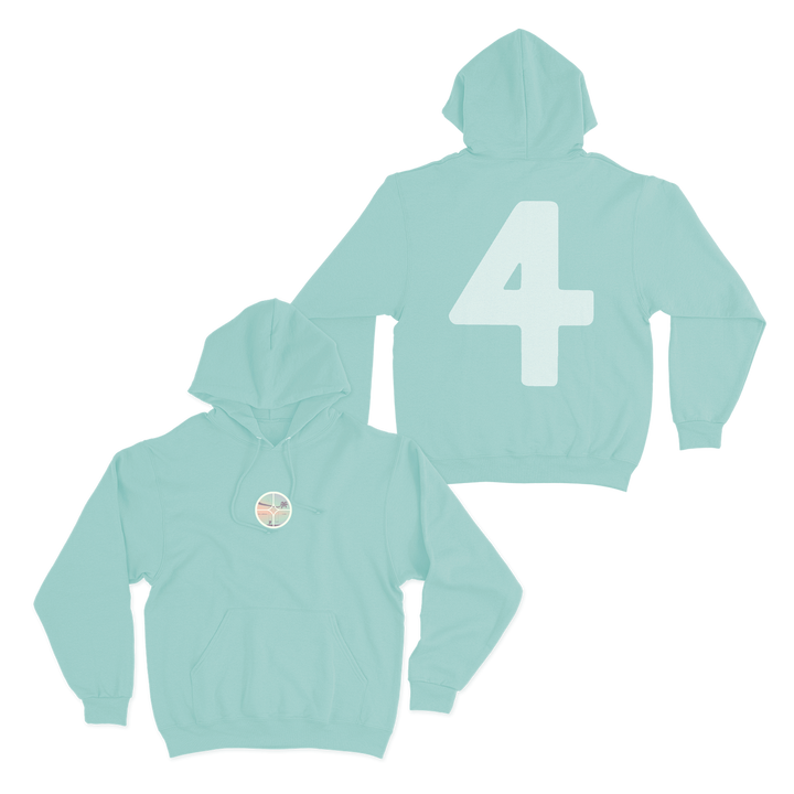 Green hoodie with a circular logo on the front. The back has the number 4 printed large across most of the garment.