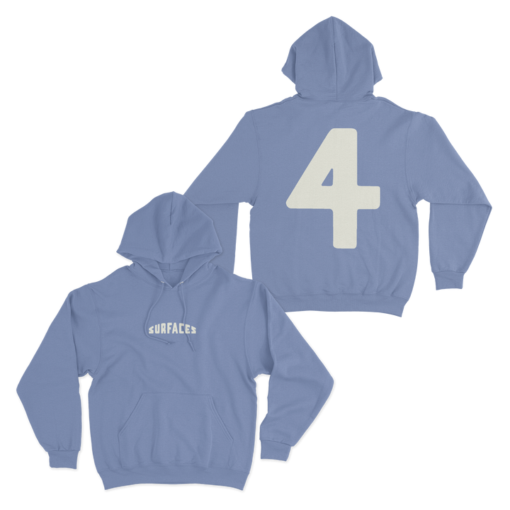 Blue hoodie with a small embroidered logo on the front center showing a sunset and a wave. The back has the number 4 screenprinted large in the center.